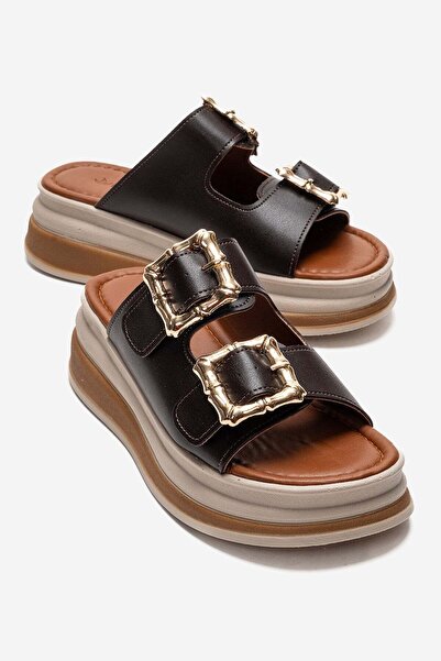 CCWAY AYAKKABI Women's Double Buckle Slippers Brown
