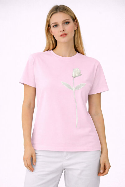 VODEXA Tricou supradimensionat pentru femei, cu imprimeu WHITE TULIP, 100% bu...