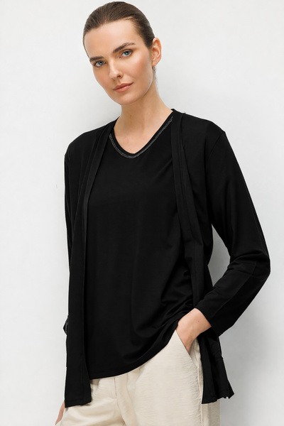 Desen Triko Women's V-Neck Collar and Pocket Chain Combed Cotton Cardigan 267...