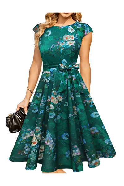 OEM Rochie elegantă, lungă până la genunchi, cu mâneci scurte, verde florală, XL