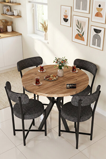 GOLDFALEZ Mutfak Masası 4 Sandalyeli Set 90 Çap Yuvarlak Cafe Balkon Ofis Mas...