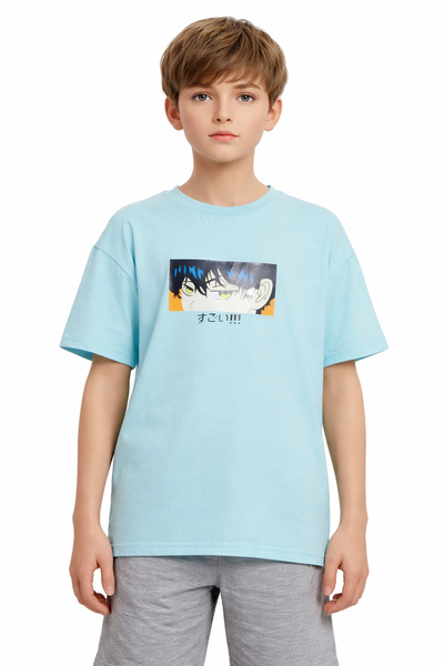 İrem Çocuk Giyim Boy's Short Sleeve Light Blue Color T-Shirt with Anime Patte...