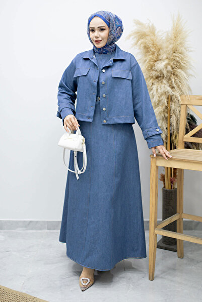Tesettür Dünyası Τζιν Φόρεμα με Ζώνη και Μπουφάν TSD260164 Ανοιχτό Μπλε