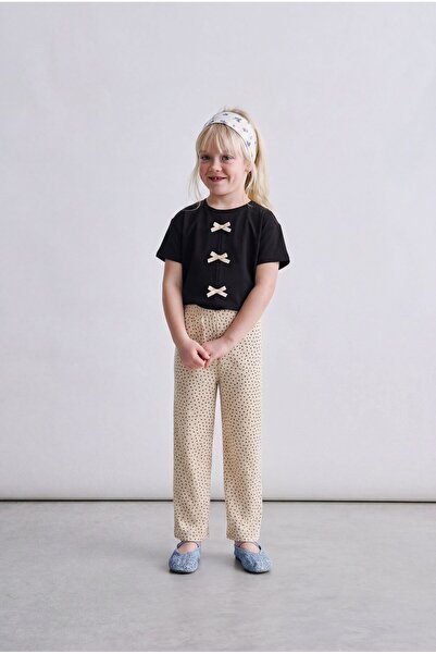 Magu Girl's Cotton Black Bow Detailed T-Shirt and Pants Set