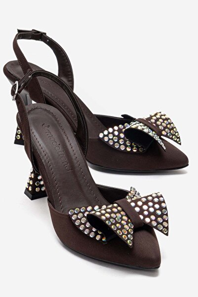 CCWAY AYAKKABI Carnıyarık Heeled Sandals with Heel and Bowtie Stones Brown Zra