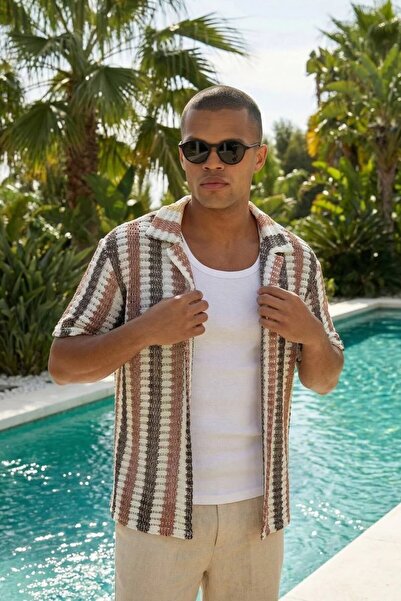 MADZEYMODA Ανδρικό πουκάμισο ζακάρ καφέ-τούβλο με κοντό μανίκι LS-19229