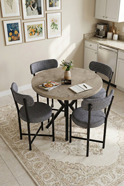 GOLDFALEZ Mutfak Masası 4 Sandalyeli Set 90 Çap Yuvarlak Cafe Balkon Ofis Mas...