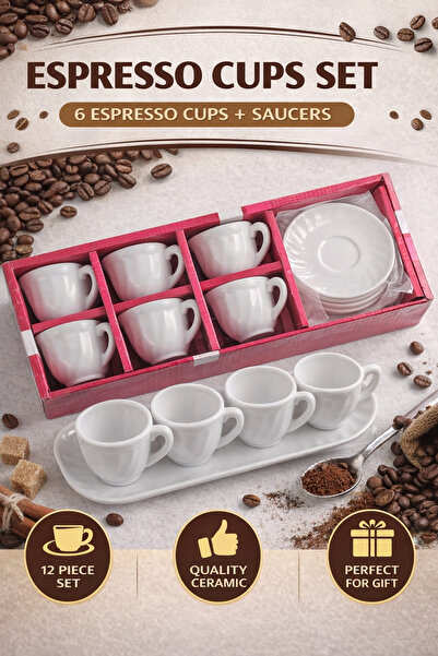 Erhan Σετ 6 φλιτζανιών εσπρέσο με πιατάκια, από λευκό κεραμικό, κομψό για το ...