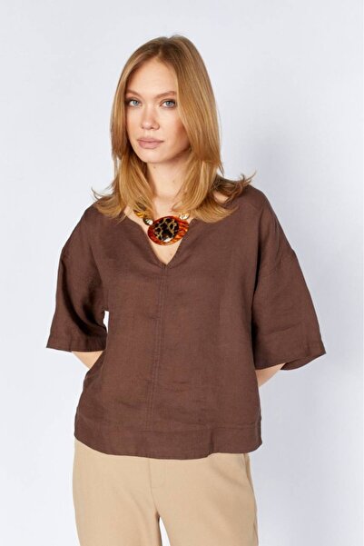 CGA Γυναικεία Λινή Μπλούζα Καφέ Λινή Μπλούζα