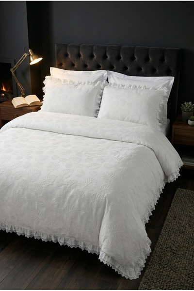 İK TEKSTİL Ivory Embossed Leaf Embroidery and Ruffles 100% Cotton 6 Piece Dou...