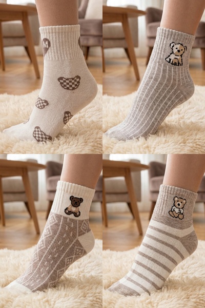 armonika Σετ με 4 χαριτωμένες μαλακές βαμβακερές κάλτσες με σχέδιο αρκουδάκι