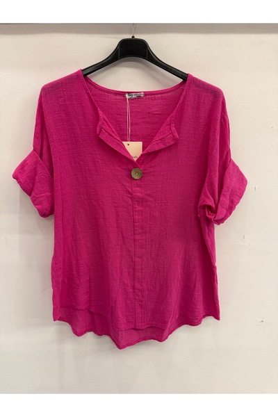 della moor Γυναικεία Φούξια Ιταλική Μπλούζα με Ανοιχτό Γιακά και Μισό Μανίκι ...