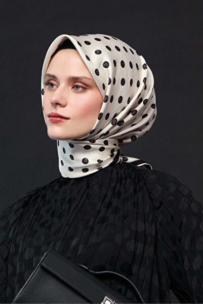 Armine Sura İpek Eşarp Krem, Siyah, Puantiyeli