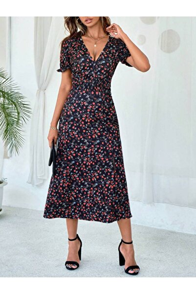 Iuliashop Rochie midi neagră Mascha cu imprimeu floral multicolor - S