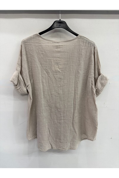della moor Women's Beige Italian Open Collar Half Sleeve Oversize Blouse 40 - 44 Size