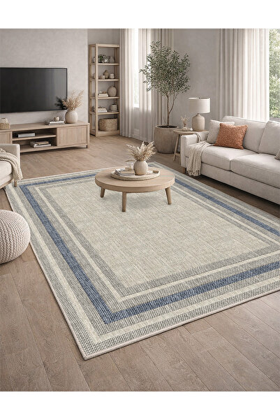 Lioara Home Krem/Mavi Renk Dijital Baskılı Halı – Modern, Kaymaz Taban, Leke ...