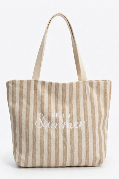 TOFİSA Geantă de umăr cu dungi imprimate bej pentru femei - 28321-BEJ