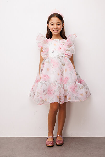 Le Mabelle Ροζ Φόρεμα Κοριτσιού με Σχέδιο Λουλουδιών από Οργάντζα - Uliana