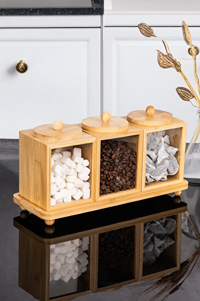 Dolkin Home 3'lü Bambu Saklama Kutusu Dikdörtgen Stantlı Bakliyat Saklama Kab...