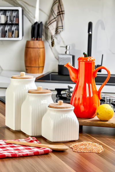 Akkoyunlu home 4-Piece Luxury Kitchen Set - 3-Piece Ceramic Jars with Wooden ...