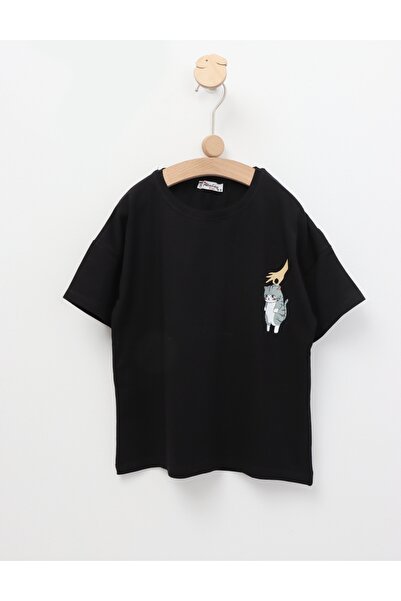 MiniKids Tricou Lazy Cat, model negru