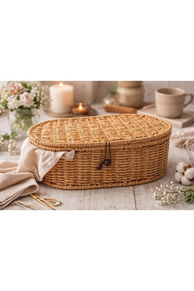 Qerhome Rattan Organizer Basket with Lid Natural Rattan Organizer Oval 28 cm ...