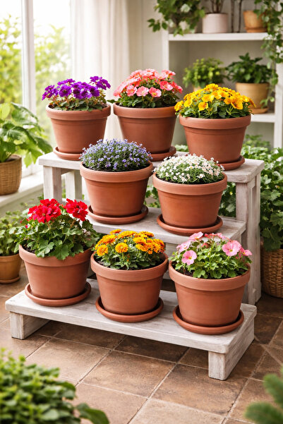 Binbirreyon 8 Adet Terracotta Antik Tabaklı Saksı Seti 1Lt 15x13,5cm Kahverengi Plastik AH202