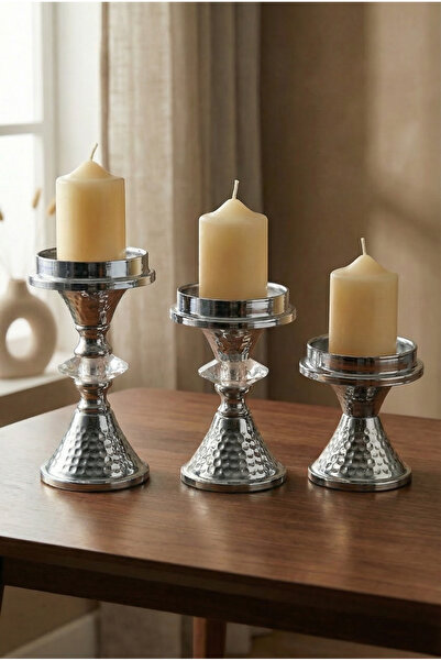 AKSESUAR EVRENİ Lundela Gümüş 3'lü Mumluk Dekoratif Şamdan Düz Taban Paslanma...