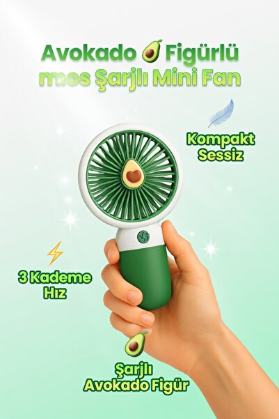 KOBE Avokado Figürlü Şarjlı Mini Fan 🌿 | 3 Kademe Hız | Sessiz & Taşınabilir...