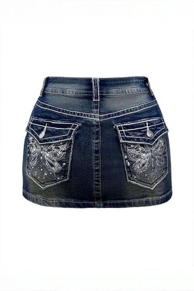 Karakedi Μπλε Μίνι Τζιν Φούστα με Κεντημένη Πεταλούδα στην Τσέπη Y2K