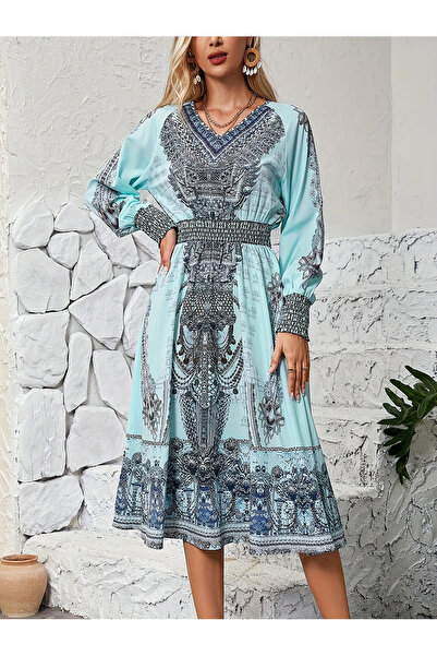 Iuliashop Rochie scurtă Sandelia albastră cu imprimeu gri - M