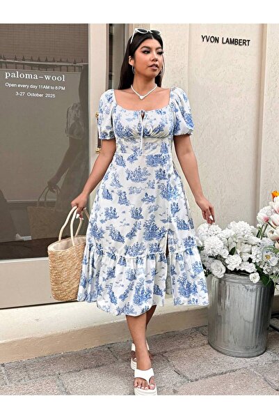 Iuliashop Rochie midi albă Elda cu imprimeu floral albastru - Mărimi mari - 44