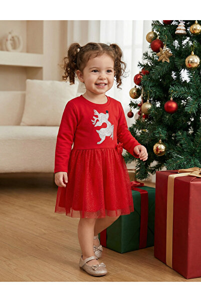 MiniKids Υπέροχο Κόκκινο Χριστουγεννιάτικο Φόρεμα με Ελάφι