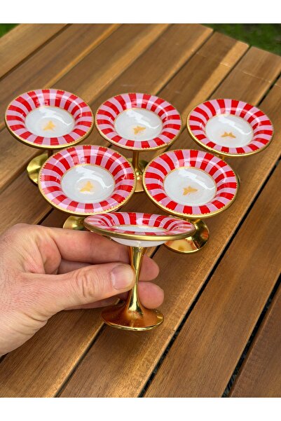 Hediye Köşkü Metal Ayaklı 6lı Cam Pembe Kelebekli Lokumluk