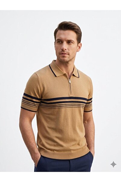 MODA GERACE Erkek Triko Pamuklu Kumaş Slim Fit Dar Kesim Kahverengi Kıvrılmaz...