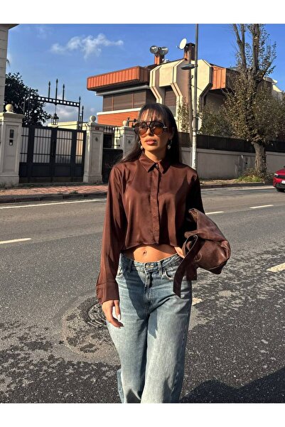 LB Laluna Butik Γυναικείο σατέν πουκάμισο crop