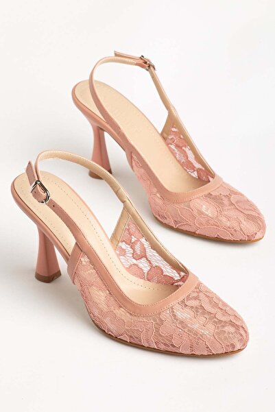 Dilimler Ayakkabı Büyük Numara Kadın Abiye Topuklu Ayakkabı Pudra Tül Desenli...