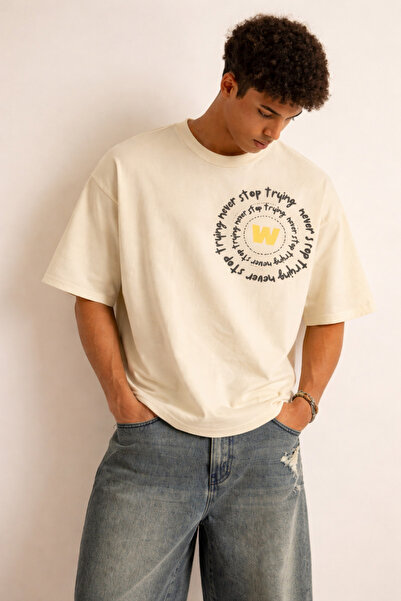 Tarz Cool Ανδρικό μπλουζάκι Oversize με στάμπα Never Stop Trying, χαλαρή εφαρ...