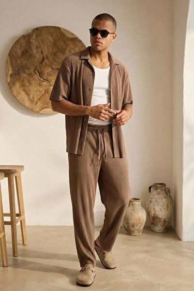 MADZEYMODA Cămașă cu mânecă scurtă și pantaloni largi pentru bărbați, set LS-...