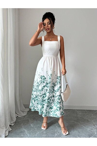 Iuliashop Rochie midi albă Alencia cu imprimeu floral verde - S