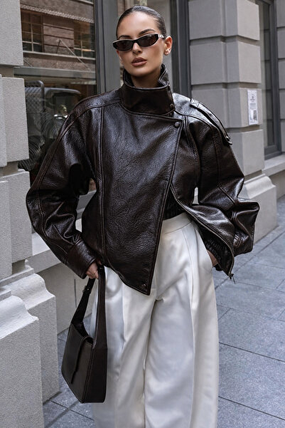 çerme Zr Model Bitter Brown Oversize Stand Collar Leather Jacket