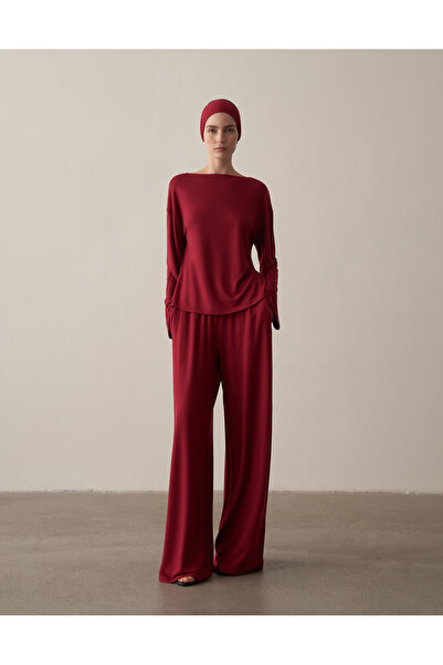 Kuğu Collection Kayık Yaka Rahat Formlu Bluz Bordo