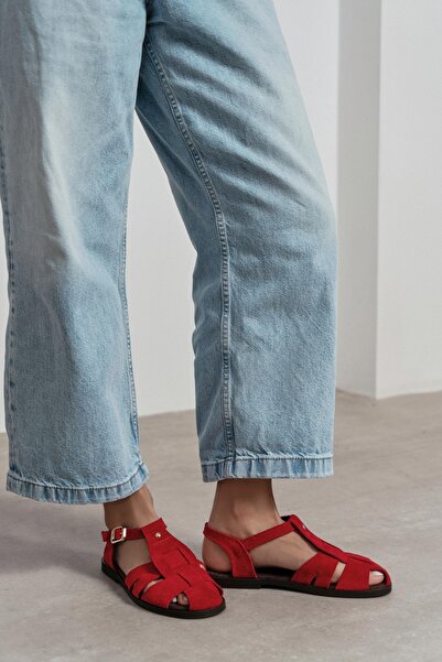 NİŞANTAŞI SHOES Γυναικεία σανδάλια Bird Red Suede από γνήσιο δέρμα με λεπτομέ...