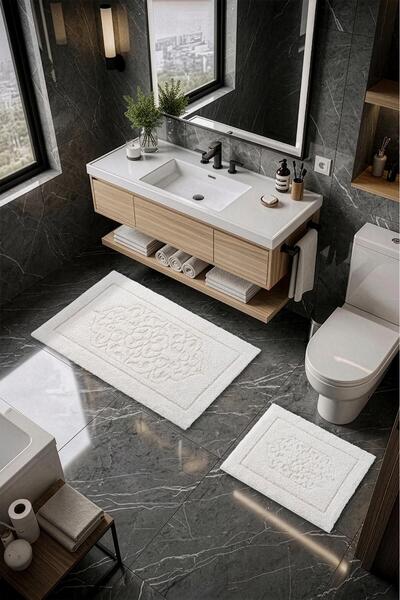 Cotto Home Set de 2 covorașe de baie din bumbac Lilly, cu textură moale, crem...