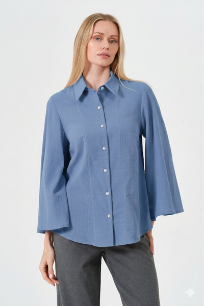 RELAXL Office Chic 100% Cotton Spanish Sleeve Women's Shirt Indigo Blue