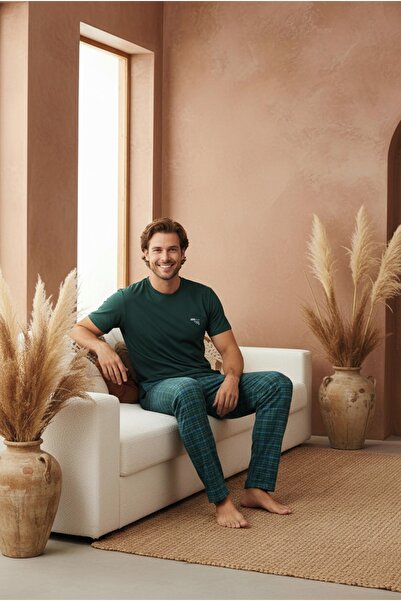 LİLA İÇ GİYİM Ανδρικό καρό χτενισμένο βαμβακερό κοντομάνικο σετ πιτζάμες