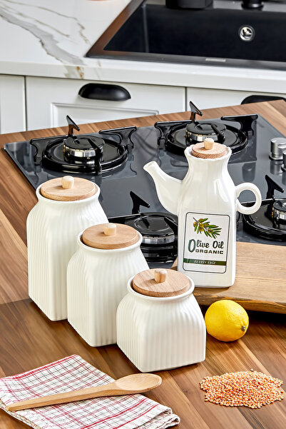 Akkoyunlu home 4-Piece Luxury Kitchen Set - 3 Ceramic Jars with Wooden Lids a...