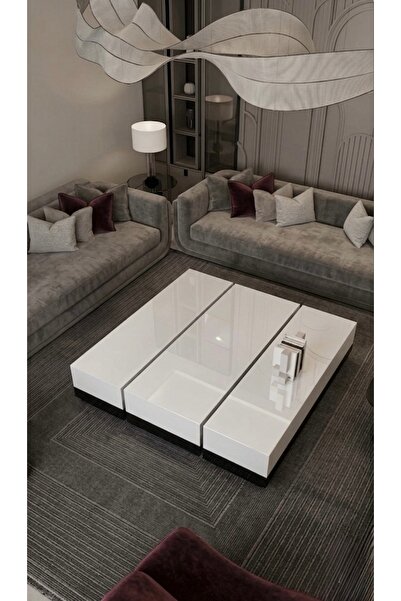 LUXURY VİLLA LUXURY KOMPLE BEYAZ CAMLI TEKERLEKLİ DEKORATİF ORTA SEHPA 100X10...