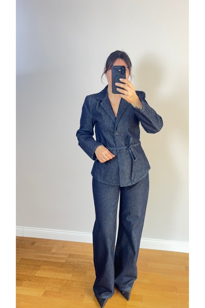 Jean Kadın Lacivert Denim Takım Blazer Kot Gömlek ve Kot Pantolon