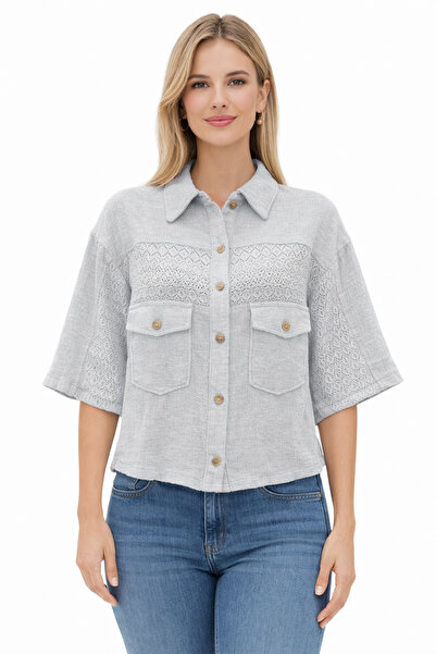 Kureyzibies Γυναικείο πλεκτό πουκάμισο με δαντέλα και λεπτομέρειες, κοντομάνικο